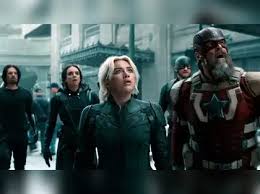 Poster of Thunderbolts featuring Yelena, Red Guardian ,Ghost, John Walker on the streets of NY for Marvel Thunderbolts Review